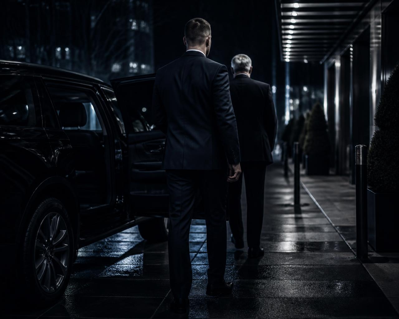 Protection operator escorting an executive toward a black SUV at a hotel entrance at night