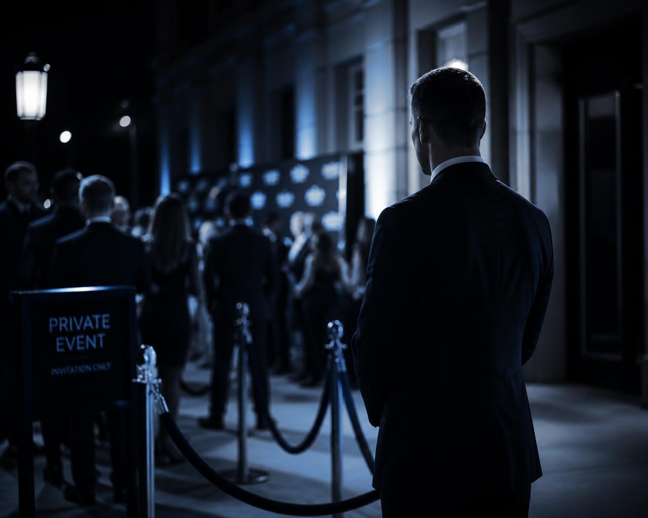 Controlled access at the entrance of a high-profile private event at night