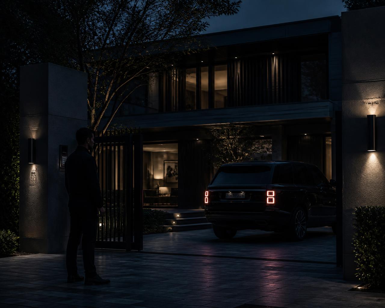 Controlled access at a private residence at night with a black vehicle at the entrance